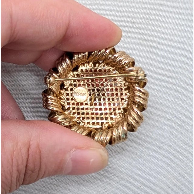 Metal Vintage 1950s Signed Napier Goldtone Faux-Coral Beaded Brooch For Sale - Image 7 of 7