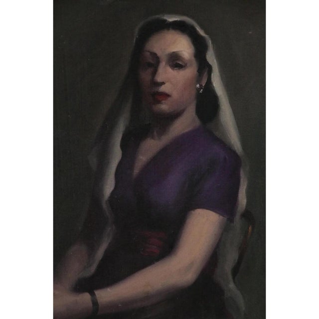 An intriguing oil on canvas portrait painting of a veiled woman wearing a purple dress. The portrait is presented in a...