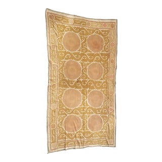 Antique Neutral Color Suzani Bed Cover Throw Rug For Sale