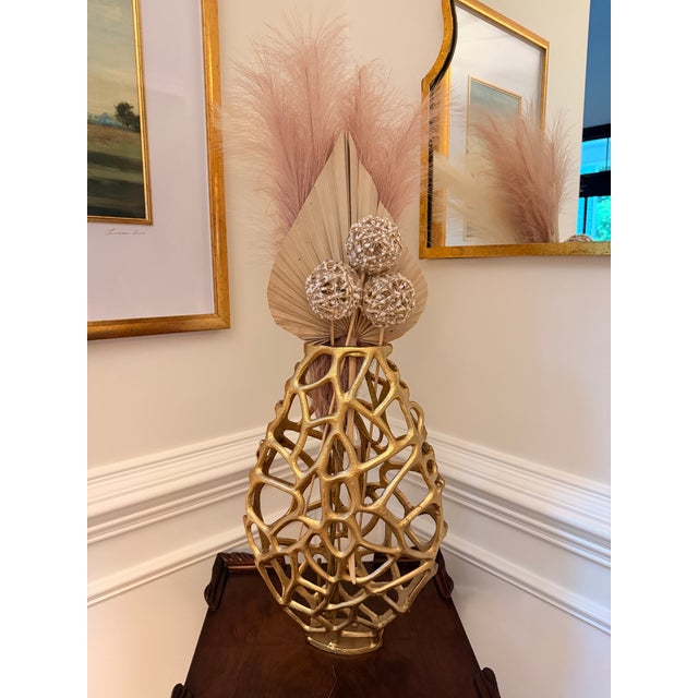 Metal Sculptural Openwork Large Gold Aluminum Vase – Organic Modern Lattice Vessel For Sale - Image 7 of 7