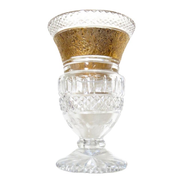 Vintage Moser Glassworks 24k Gold Incrusted Cut Crystal Vase For Sale
