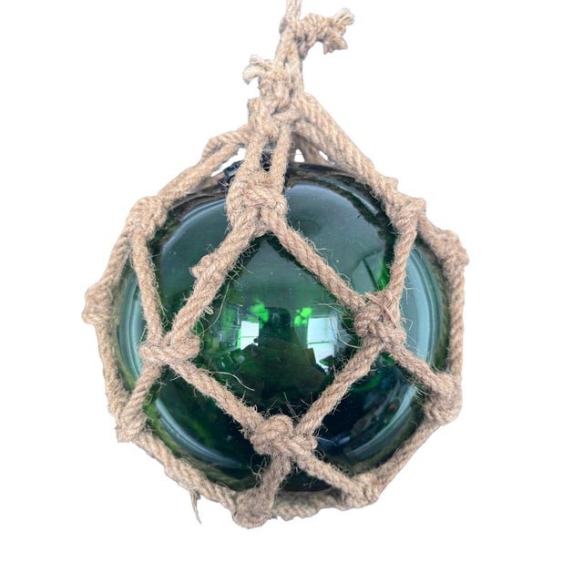 1960s Vintage Green Glass Fishing Float in Jute Rope Netting For Sale - Image 5 of 12