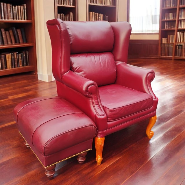 Experience timeless elegance and unparalleled comfort with the exquisite Classic Leather wingback chair and ottoman set....