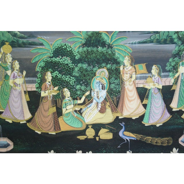 Monumental Indian Pichhwai Radha Krishna Gopis Painting Silk Garden Peacock 68" For Sale - Image 6 of 13
