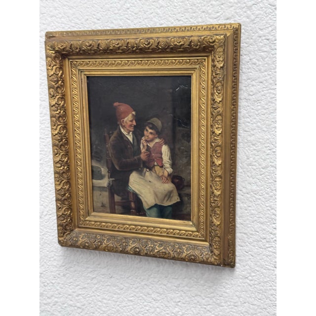 Paint Antique Oil Painting of Grandfather With Son, Framed For Sale - Image 7 of 12