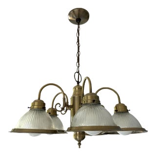 Brushed Brass Five Arm Chandelier Light Fixture With Ribbed Glass Canopies 1980s For Sale