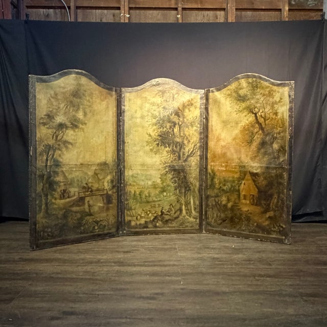 Wood Antique French Painted Screen Depicting Three Figural Landscape Scenes For Sale - Image 7 of 15