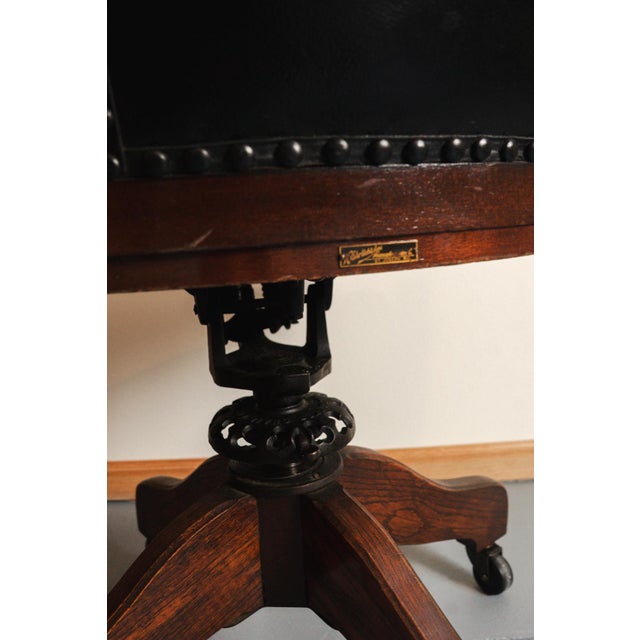 Early 1900's H. Ehrlich & Sons Wood & Black Vinyl Rolling Swivel Office Lawyer's Chair For Sale - Image 13 of 16