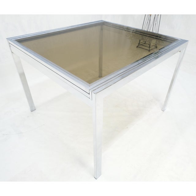 Flip Top 40" Square Crome Base Smoked Glass Top Dining Table 84" Extended Clean! For Sale - Image 10 of 18