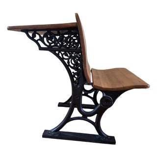 Antique Cast Iron & Hardwood School Desk With Folding Seat For Sale