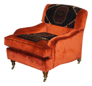 Vintage Red Velvet and Aztec Kilim Upholstered Armchair in the style of Howard George Smith