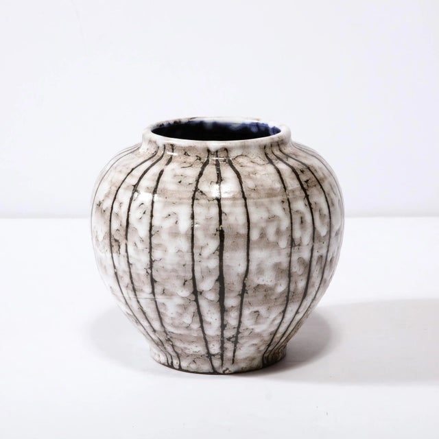 Mid-Century Modernist White and Earth Toned Ceramic Vase With Bowed Line Work For Sale - Image 4 of 13