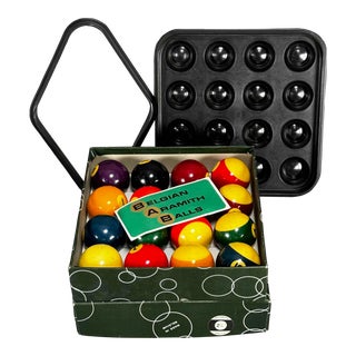 Vintage 70s Aramith Belgian Billiard 2 1/4" Pool Ball Set W/ Box & 9 Ball Rack - Set of 16 For Sale