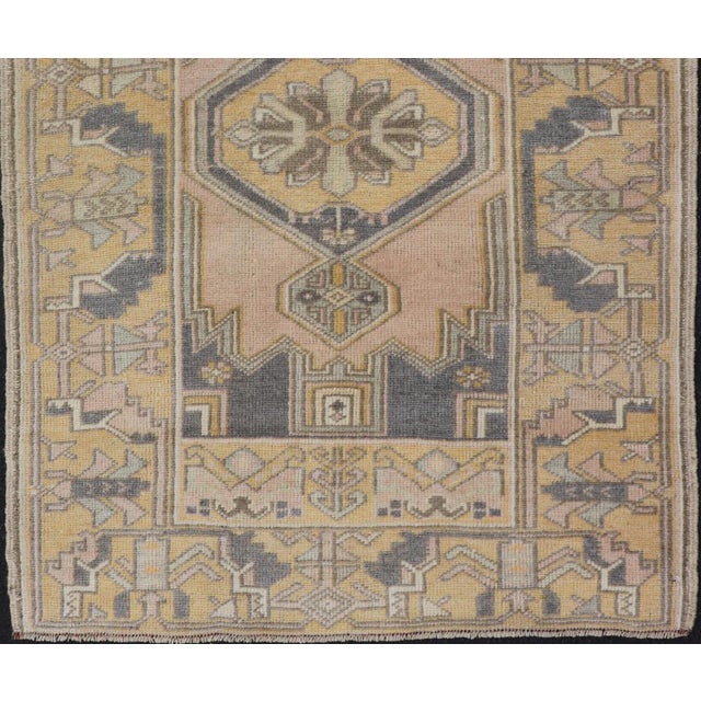 Vintage Oushak Rug From Turkey With Medallion Design in Yellow, Pink, Grey Blue For Sale - Image 4 of 10