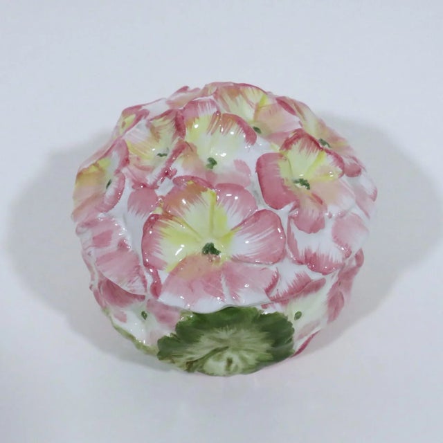 Vintage Italian hand-painted porcelain box in the shape of a hydrangea, decorated with muted rose, pink & yellow petals,...