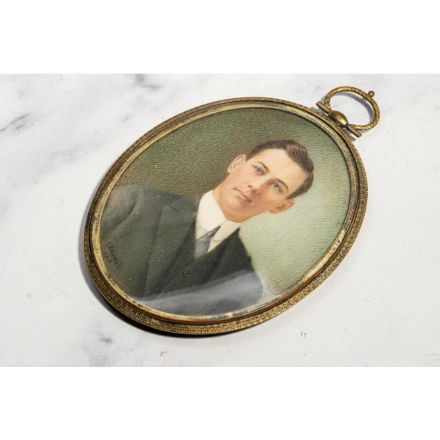 Early 20th Century Art Antique Portrait Miniature Painting Young Man Portrait in Ornate Brass Frame Home Decor For Sale - Image 12 of 16