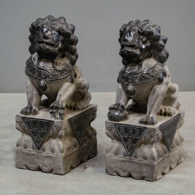 Carved Black Granite Chinese Foo Dog Boundary Markers a Pair Chairish