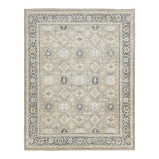 Modern Oushak Style Hand-Knotted Wool & Silk Area Rug in Soft Beige and Blue For Sale