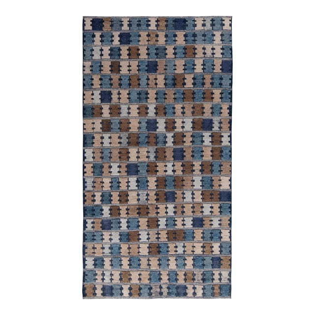 Rug & Kilim’s Scandinavian Style Rug in Blue, Beige-Brown Geometric Pattern For Sale