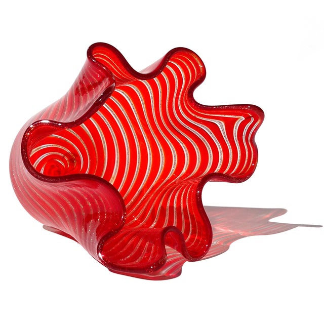 Glass Vintage Murano Bright Red Aventurine Ribbons Italian Art Glass Sculptural Fazzoletto Mini Flower Vase For Sale - Image 7 of 8