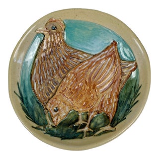 Vintage Pair of Ceramic Footed Plate With Two Hens, Circa 2000 by the Quyle Kilns California, Signed For Sale