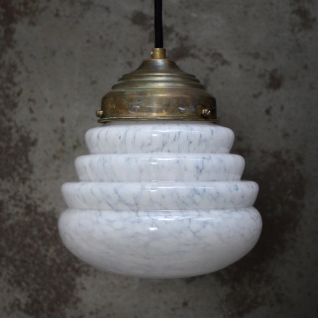 French Art Deco White Clichy Glass Pendant Lamp For Sale - Image 3 of 7