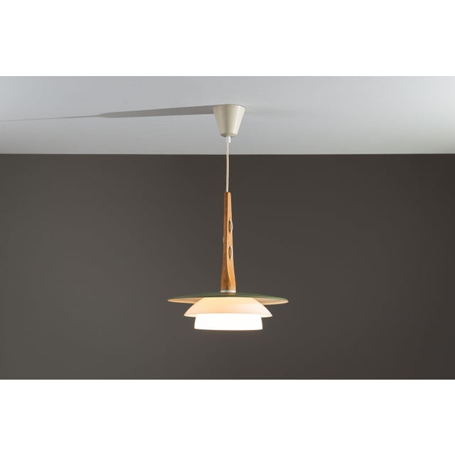 Pendant Light in Oak Wood with Green Shade and Glass, 1960s For Sale - Image 12 of 12