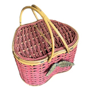 1970s Handwoven Apple Shaped Rattan Picnic Basket With Bamboo Trim For Sale