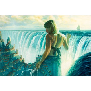 Water of Life by Christopher Clark | Oil on Wood Panel Woman overlooking a waterfall and cityscape. For Sale