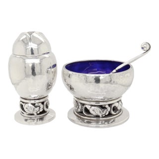 Signed Georg Jensen Sterling Silver Blossom Pepper Shaker & Salt Cellar Pair #2a For Sale