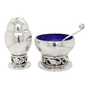 Signed Georg Jensen Sterling Silver Blossom Pepper Shaker & Salt Cellar Pair #2a