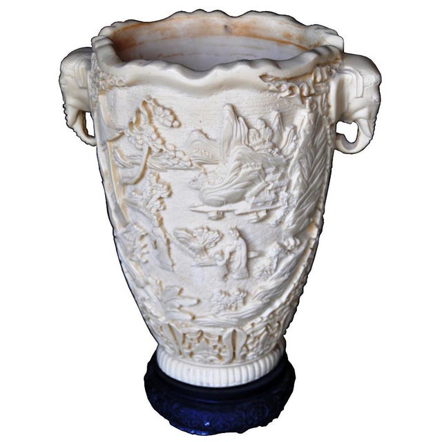 Vintage Faux Ivory Asian Vase With 3d Relief Carvings and Elephant Head