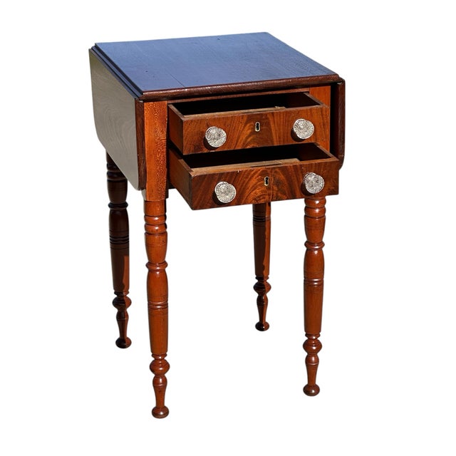 American Antique Sheraton Vermont Mahogany Dropleaf Work Table With Sandwich Glass Pulls For Sale - Image 3 of 12