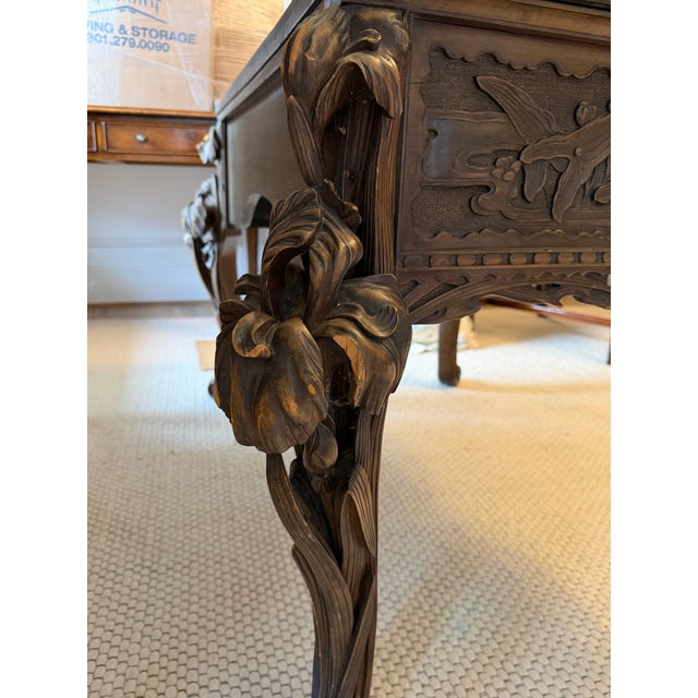 Antique French Art Nouveau Hand-Carved Walnut Writing Desk With Iris & Dragonfly Motifs For Sale - Image 4 of 6