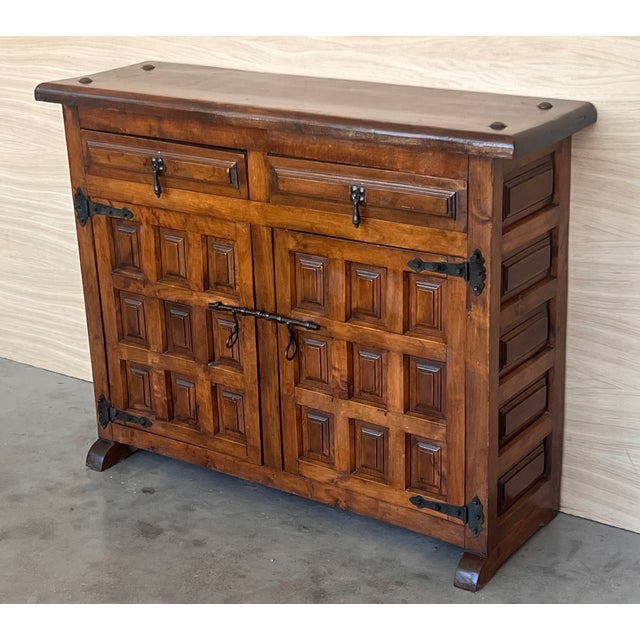 Brown 19th Spanish Narrow Baroque Carved Walnut Tuscan Two Drawer Credenza or Buffet For Sale - Image 8 of 11