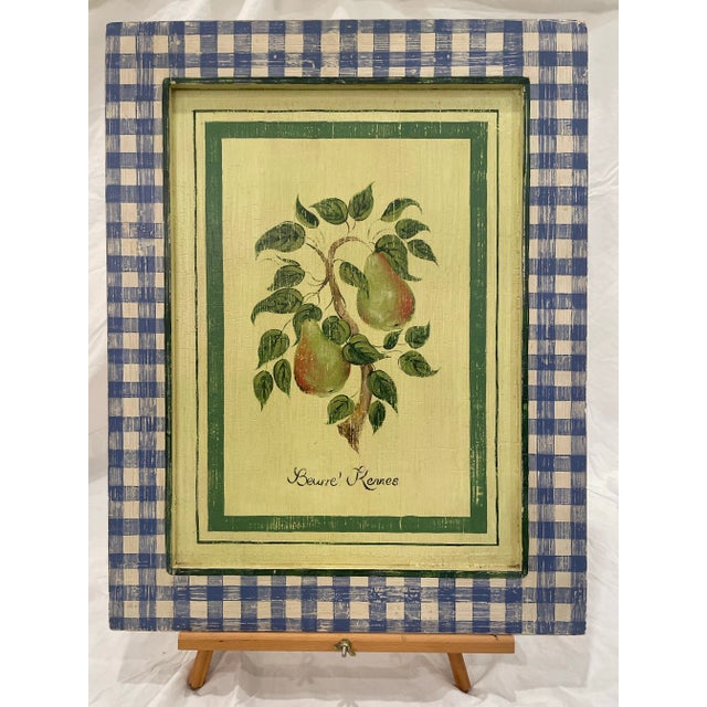 Wood Vintage Painting on Wood of Pears on a Branch With "Beurre' Rennes" and a Blue Gingham Pattern Frame For Sale - Image 7 of 10