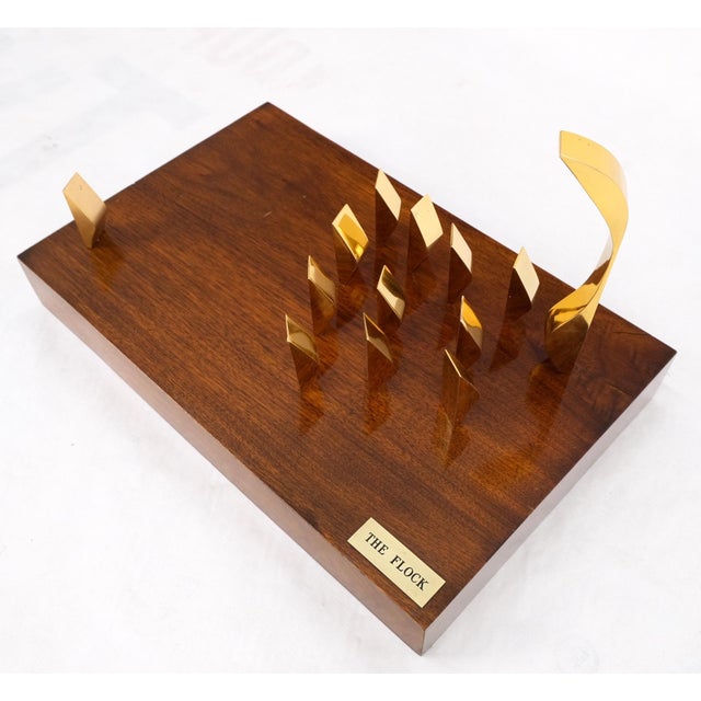 Wood Mid 20th Century Modern Flock of Birds Sculpture Solid Brass Figurines on Walnut Rectangle Block For Sale - Image 7 of 17