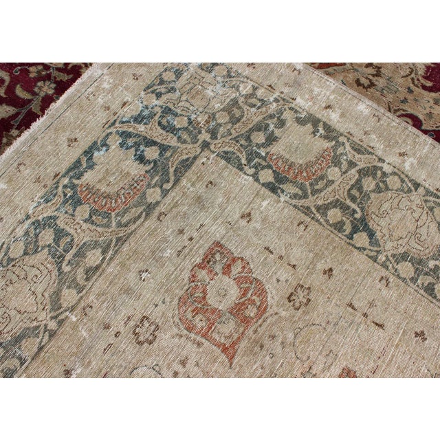 Layered Floral Medallion Antique Persian Mashad Rug in Red, Blue and Cream For Sale - Image 12 of 13