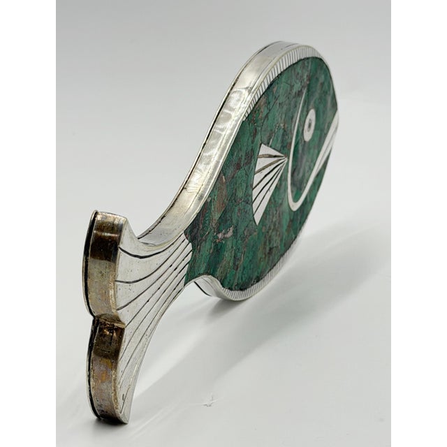 Emilia Castillo Emilia “Mimi” Castillo Taxco Malachite Silver Plate Fish Hand Mirror, 1970s For Sale - Image 4 of 18