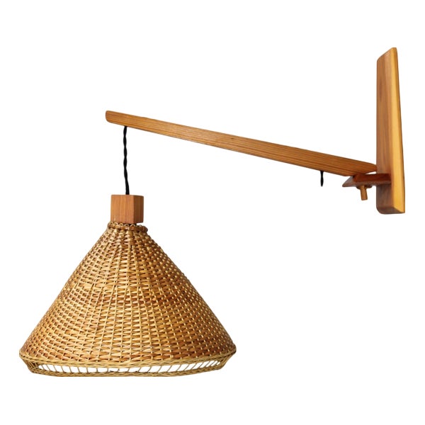 Mid-Century Adjustable Wooden Wall Light with Rattan Shade, 1970s For Sale