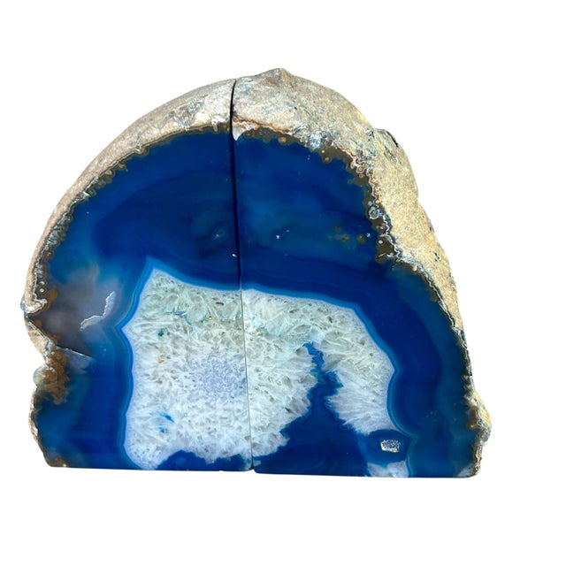 Mid-Century Modern Vt Blue Agate Geode Bookends: Polished Natural Stone Pair For Sale - Image 3 of 9