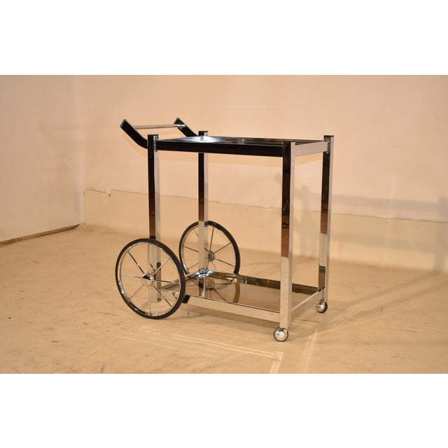 Mid-Century Chrome and Smoked Glass Two Tier Rolling Bar Cart For Sale - Image 4 of 12
