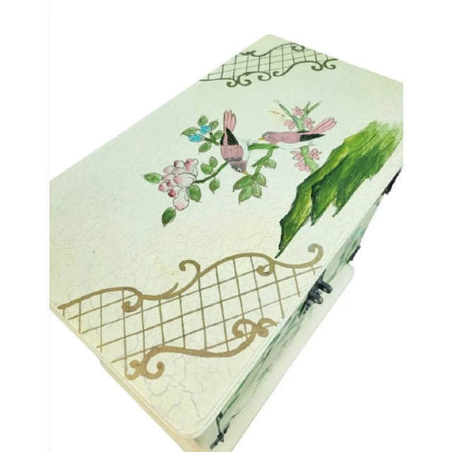 Rare Vintage Chinoiserie Pale Yellow Bird Floral Hand Painted Wood Clothes Hamper For Sale In West Palm - Image 6 of 11
