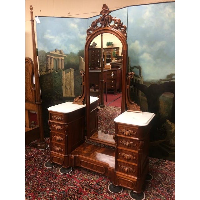 Item: Antique Dressing Mirror with Drawers on Either Side. Age & Condition: Circa 1890. Good condition. Small areas of...
