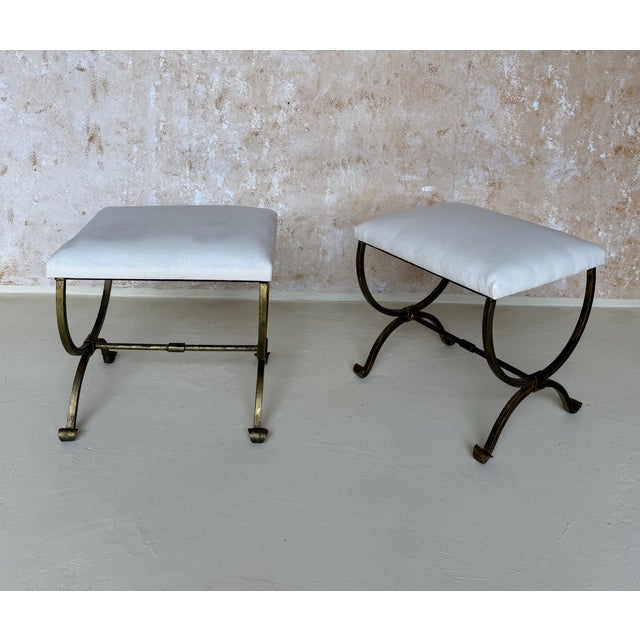 Spanish Pair of Small Hand Forged Spanish Gilt Iron Benches in Muslin For Sale - Image 3 of 18