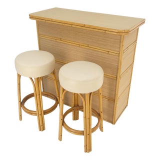 Vintage Mid Century Modern Bamboo Rattan Bar & Pair of Matching Bar Stools MINT For Sale