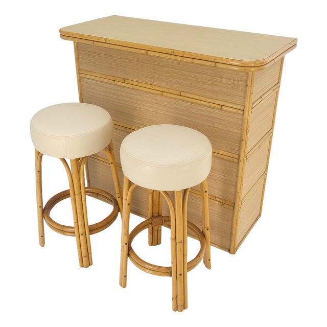 Vintage Mid Century Modern Bamboo Rattan Bar & Pair of Matching Bar Stools MINT For Sale