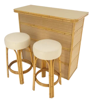 Vintage Mid Century Modern Bamboo Rattan Bar & Pair of Matching Bar Stools MINT
