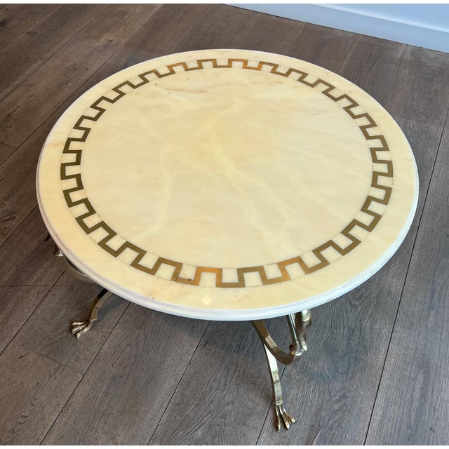 1940s 1940s Round brass coffee table with swan heads and feet & Marble Top Attributed to Maison Jansen For Sale - Image 5 of 12