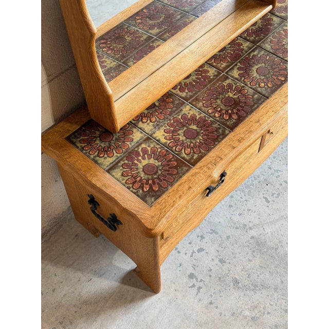 Vintage Danish Oak Entryway Table With Mirror & Tile Top Henning Kjærnulf Style For Sale In Los Angeles - Image 6 of 10